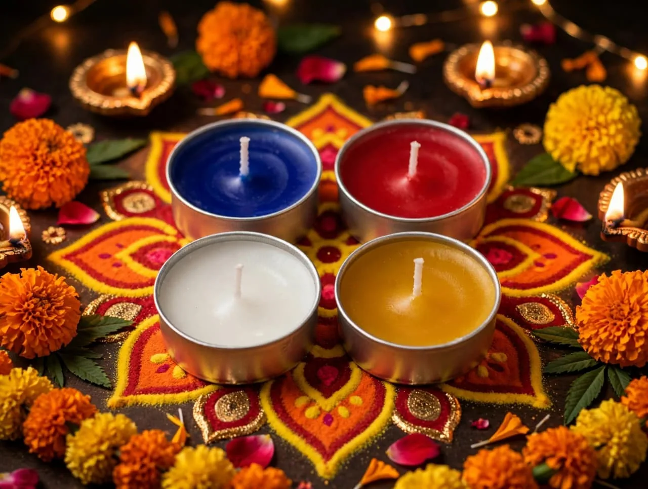 Floral candle with stones and natural linen